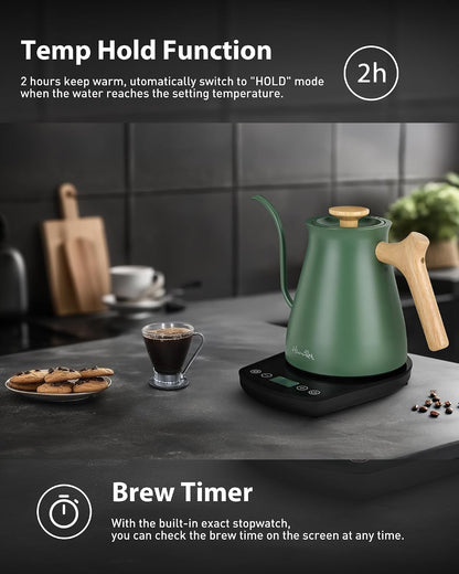 Harriet Gooseneck Electric Kettle for Pour Over Coffee, Variable Temperature, 1200W Fast Boil, Brew Timer, 2-Hour Keep Warm, Stainless Steel Interior, Wooden Handle