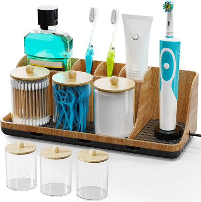 Bathrooms Toothbrush Holder Set with 3 PCS Qtip Holder (Wood Grain) | Easy to clean, Drainage, Detachable, Non-Slip, Kids Electric Toothbrush and Toothpaste Holder for Bathroom Counter Organizer