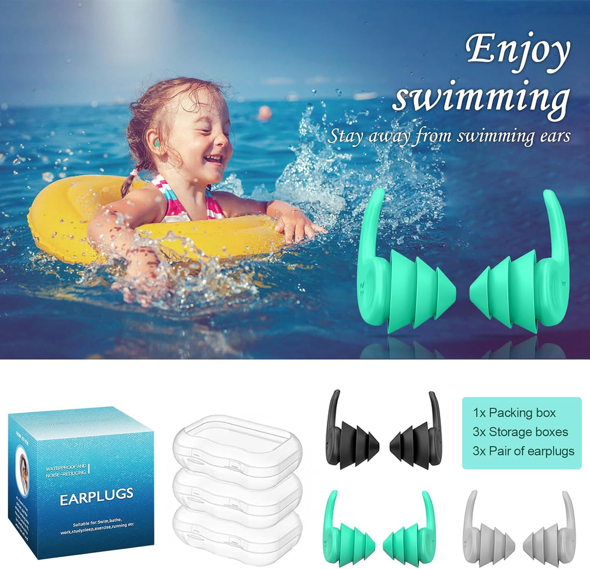 Swimming Ear Plugs for Adults,3 Pairs Waterproof Reusable Silicone Swim Earplugs for Swimming Surfing Snorkeling Showering and Water Pool,Beach,Ocean (Adults & Teens 14+)