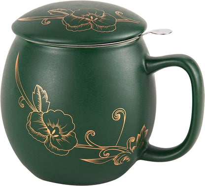 Yundu 12 OZ Matte Purple Ceramics Teacup with Infuser and Lid, Mug with Lid for Steeping - Stainless Steel Infuser for Loose Leaf Tea, Home Office Gift for Tea Lovers