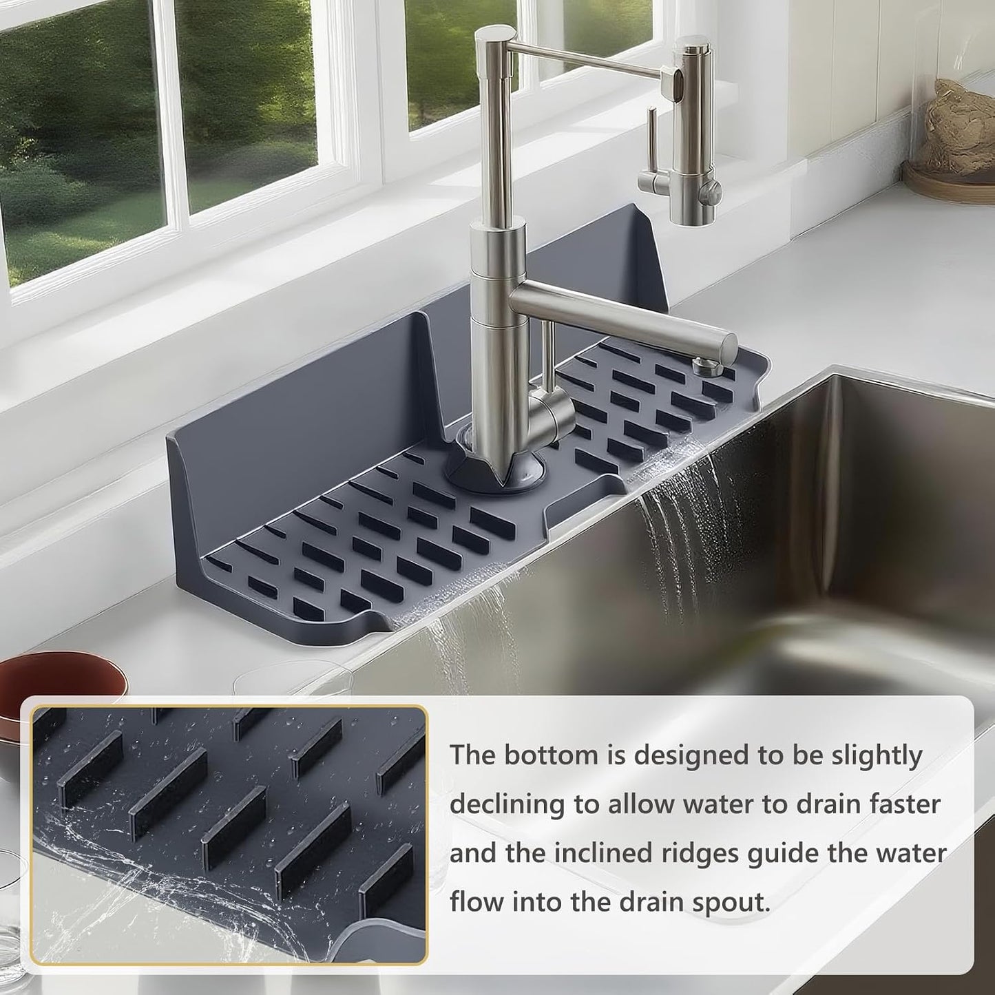 Sink Splash Guard Behind Faucet, Silicone Sink Faucet Drying Mat & Dish Soap Sponge Holder, 17" x 5.5" Silicone Kitchen Sink Auto Drain Organizer (Grey)