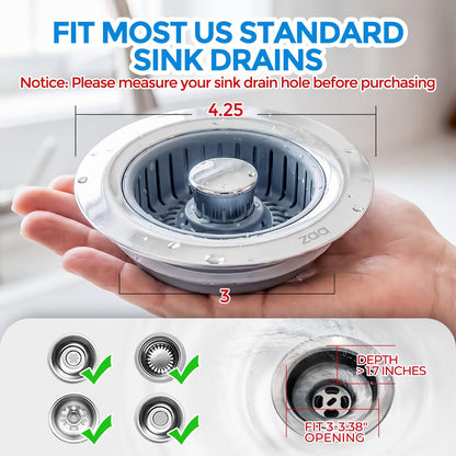 3 in 1 Kitchen Sink Drain Strainer Stopper Removable Basket Pop-Up | Kitchen Sink Food Strainer 1 Pack Silver Stainless - Food Catcher, Odor-Block Seal, Fits 3.5" Drain, Easy Clean