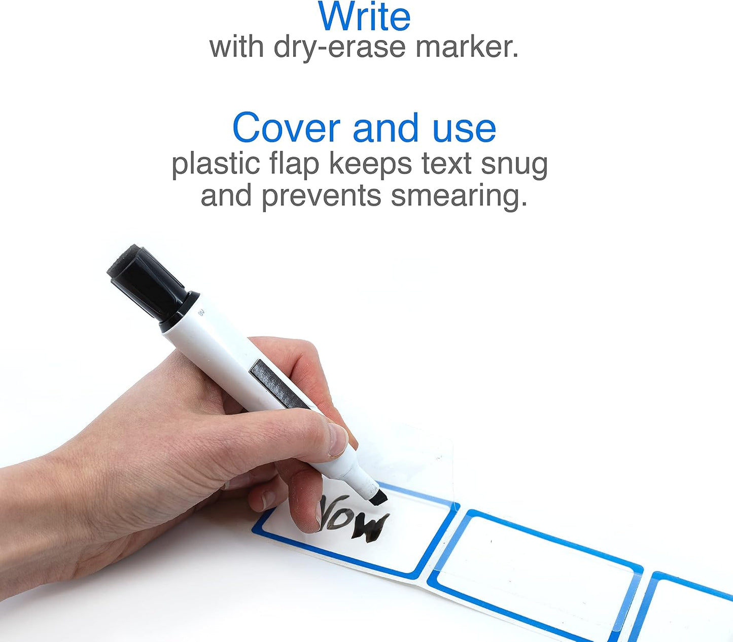 Dry Erase Labels, 2 x 3 Inch Removable, 50/Roll | Reusable Erasable Labels with Anti-Smear Protective Flaps for Bins, Containers and Shelves. Made in USA