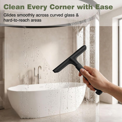 Roylvan Silicone Shower Squeegee for Glass Doors with Built-in Hook, Black | All-in-One Shower Squeegee with Ergonomic Grip, Household Window Mirror Cleaner for Bathroom Glass Kitchen Tile Wall Car