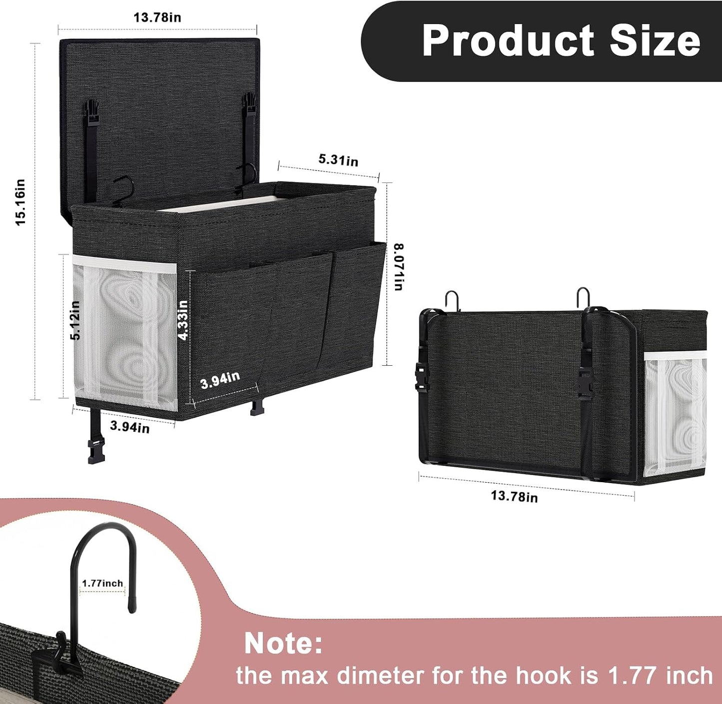Bedside Caddy Bedside Storage Hanging Organizer for Bunk Dorm Bed Rail | Bed Caddy with Hooks, Top Bunks and Dorm Essentials for Water, Tissues, Tablets, Books, Phones, Remotes and Other Necessories