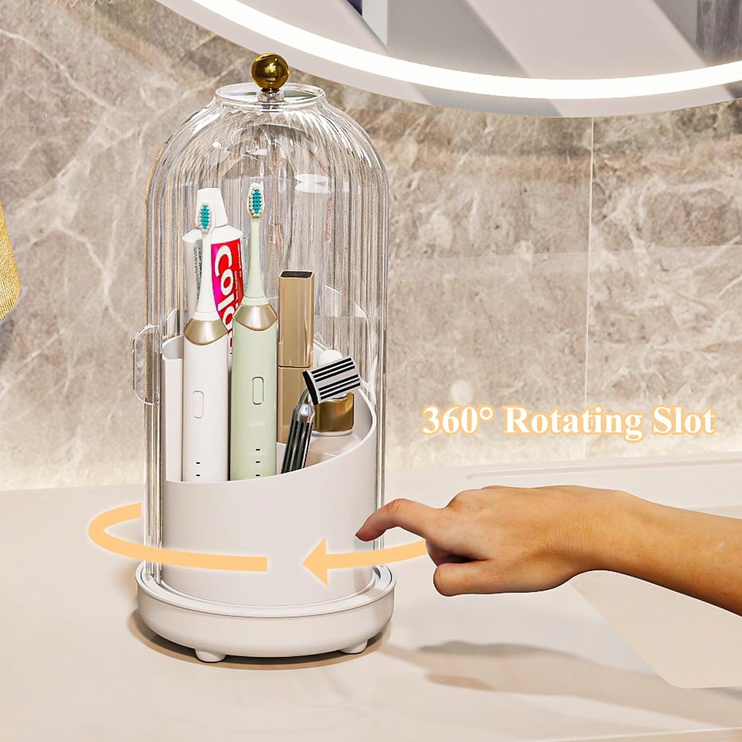 Drainable Toothbrush Toothpaste Holders with Cover, Transparent | Drainage Holes, Waterproof and Dustproof, 360° Rotating Base, Sliding Door, for Bathroom Counter