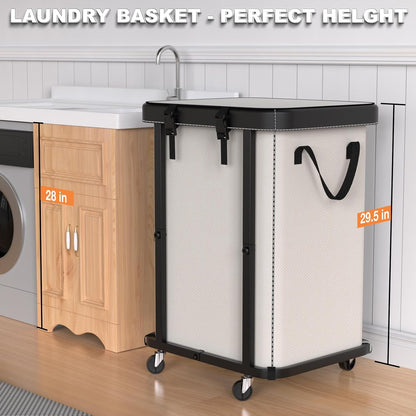 Laundry Hamper with Wheels,150L Leather Patchwork Clothes Hamper Black | Rolling Laundry Basket with Sturdy Metal Frame, Removable Washable Bag,Tall Clothes Sorter for Bedroom, Laundry Room, Dorm