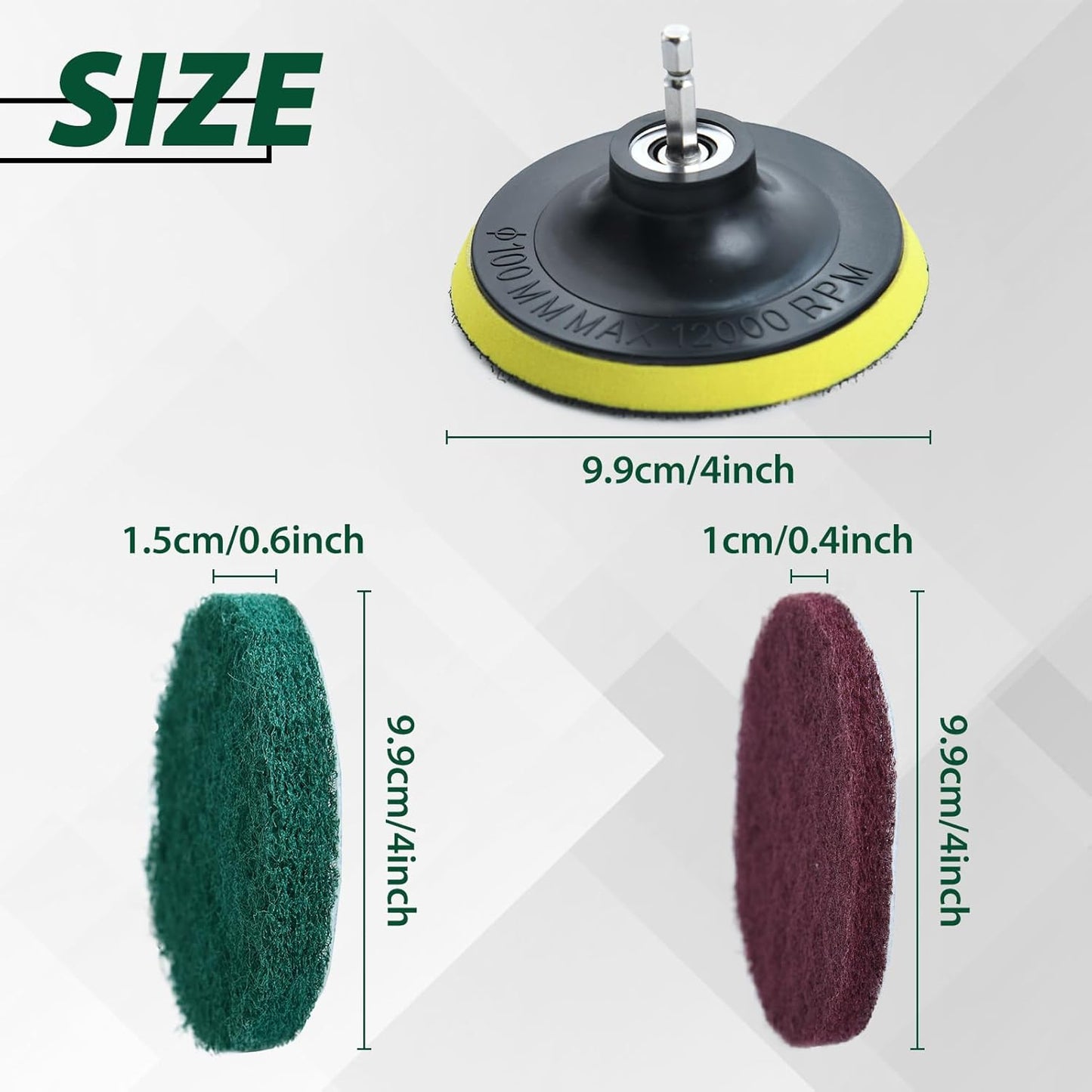4 Inch Drill Powered Brush Tile Scrubber Scouring Pad Cleaning Kit | Disc Pad Holder with 6 Abrasive Buffing Pad, 2 Stiffness, 1/4" Hex Shank, for Kitchen Bathroom Grout Carpet Tub Grill Tile