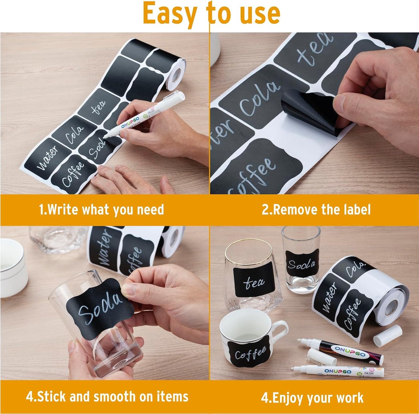 ONUPGO Chalkboard Labels Stickers Bulk - 196 Reusable Chalk Sticker Labels with Erasable Chalk Maker, Removable Waterproof Blackboard Labels for Containers, Glass, Mason Jar Labels | Removable, Waterproof, Reusable Chalk Labels, For Storage Bins & Food