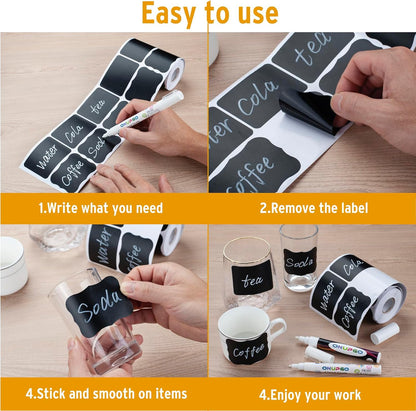 ONUPGO Chalkboard Labels Stickers Bulk - 196 Reusable Chalk Sticker Labels with Erasable Chalk Maker, Removable Waterproof Blackboard Labels for Containers, Glass, Mason Jar Labels | Removable, Waterproof, Reusable Chalk Labels, For Storage Bins & Food