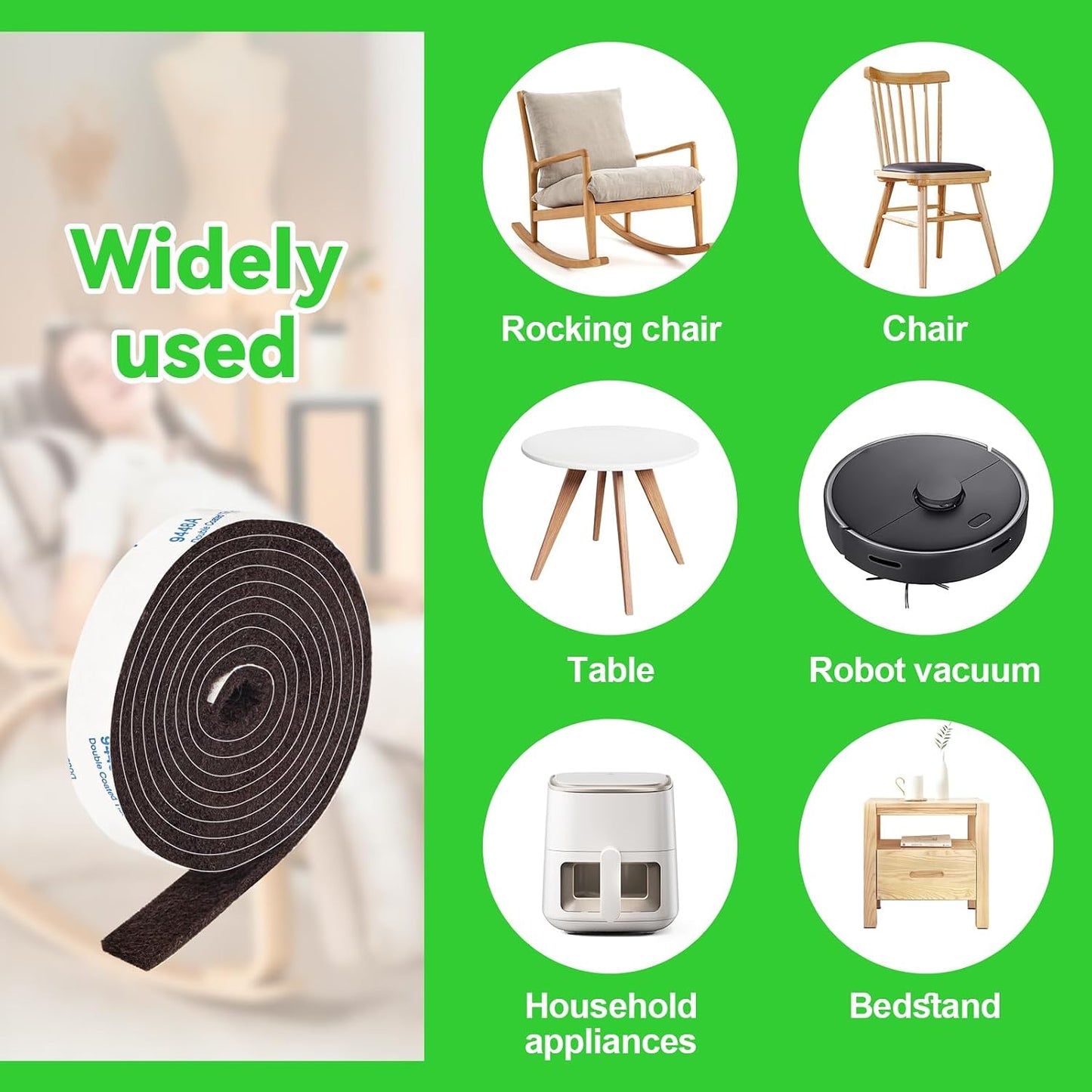 Felt Strips with Adhesive Backing, Felt Tape with Adhesive Backing, Felt Furniture Strips 2 Pack Roll 1/2x 60 Inches Black, Felt Strips for Furniture