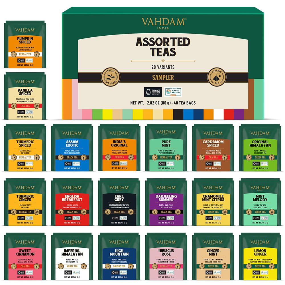VAHDAM, Assorted Herbal Tea Sampler (18 Tea Bags, 9 Flavors) Caffeine-Free, Non-GMO | Double Infusion, Individually Enveloped Tea Bags | Herbal Tea Assortmen