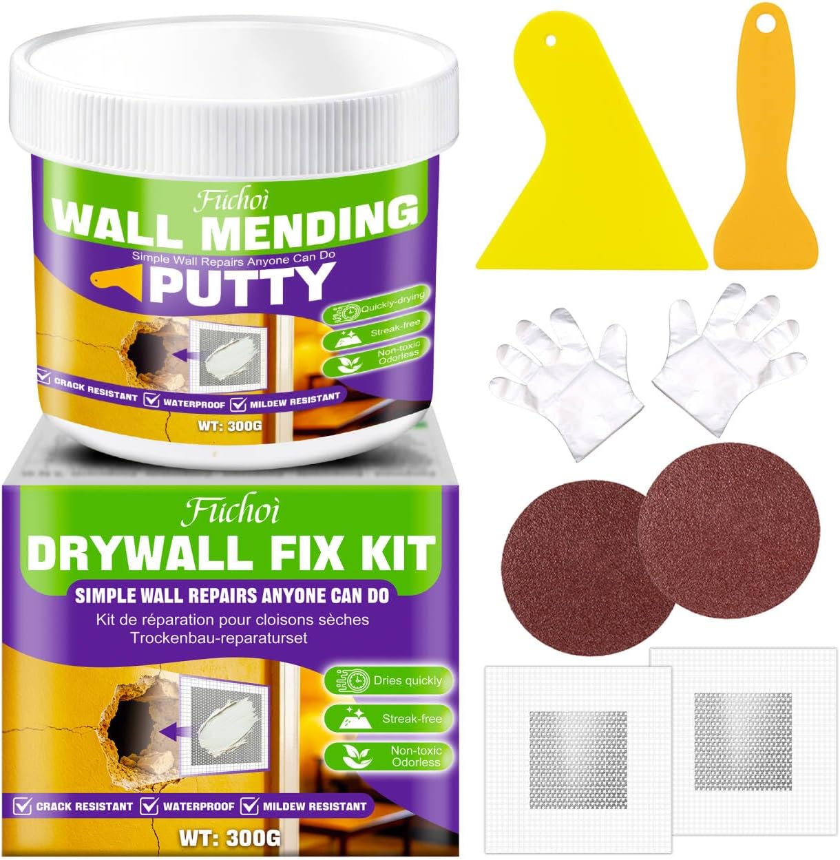 Drywall Repair Kit, 10.5oz Wall Spackle Paste,Drywall Hole Patch Repair Kit | For filling nail holes and crack on wall surfaces,drywall mud plaster with scraper & self-adhesive mesh patches