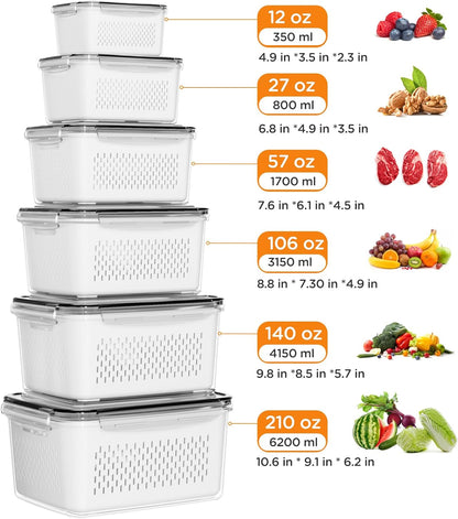 5-Pack Fruit Storage Containers for Fridge with Removable Colanders, 4 in 1 Produce Storage Containers with Lids, Leakproof Fridge Organizer Bins for Salad Berry Lettuce Vegetables Meat Keeper Fresh