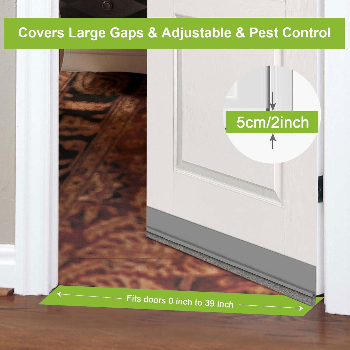 2 PCS Brush Door Sweep, Draft Stoppers Bottom, 2" W x 39" L, Black | No Residue, Strong Adhesive Draft Stopper with Brush for Interior Door, Bottom Seal Strip for Protection Against Bug, Dust