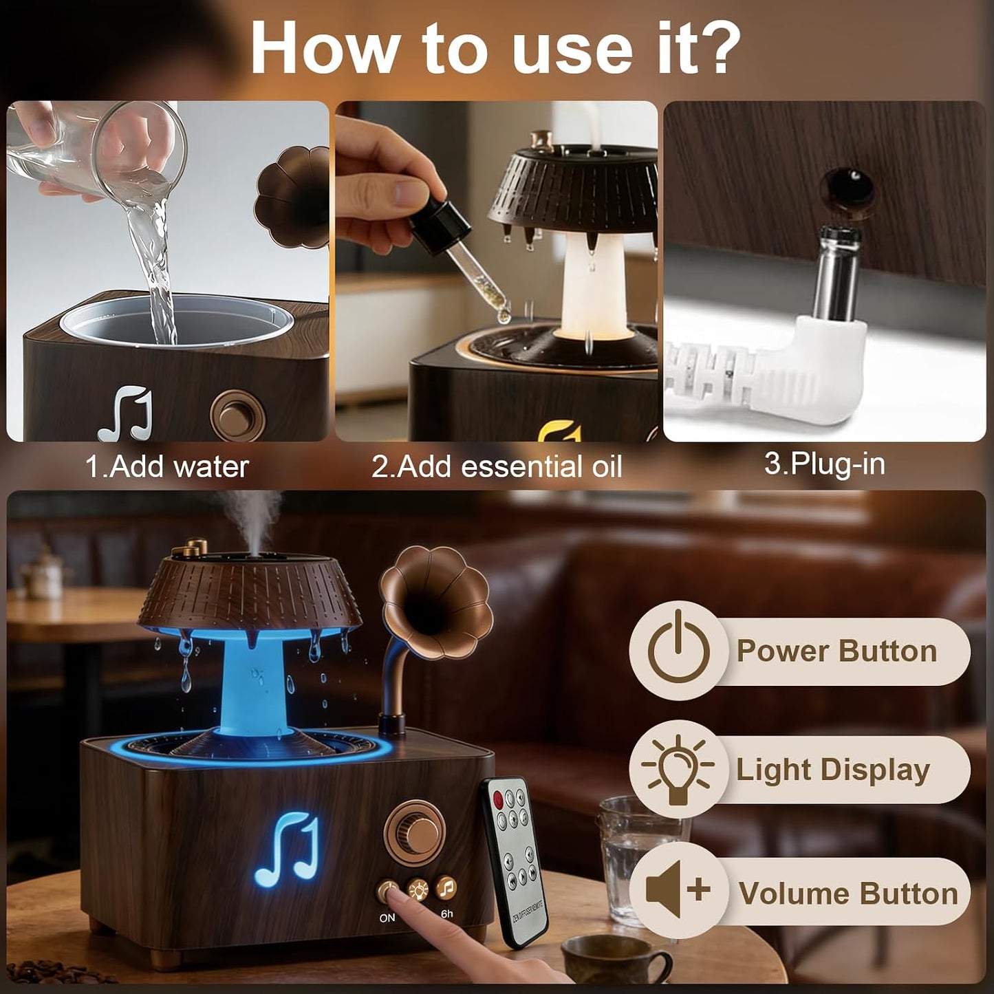 Morbou Raindrop Aroma Diffuser Room Humidifier with White Noise, 7-Color Air Mist Essential Oil Diffuser Sleep Sounds Aroma Rain Drop, with Remote Control (Brown)