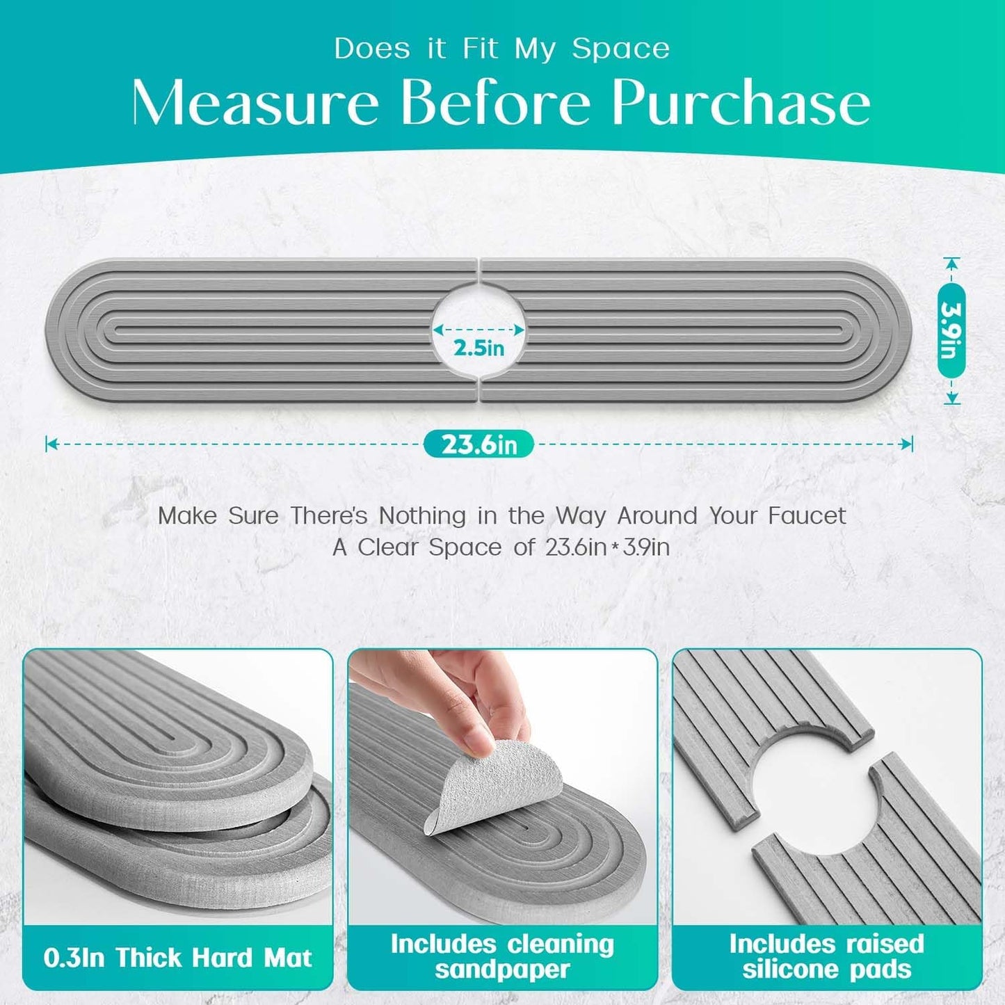 Stone Faucet Mat for Kitchen Sink – Diatomite Fast-Drying Stone Tray, Faucet Mat Sink Splash Guard, Decorative Sink Protector for Kitchen Bathroom Counter (Light Grey, 20''x3.9'')