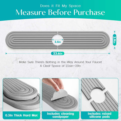 Stone Faucet Mat for Kitchen Sink – Diatomite Fast-Drying Stone Tray, Faucet Mat Sink Splash Guard, Decorative Sink Protector for Kitchen Bathroom Counter (Light Grey, 20''x3.9'')
