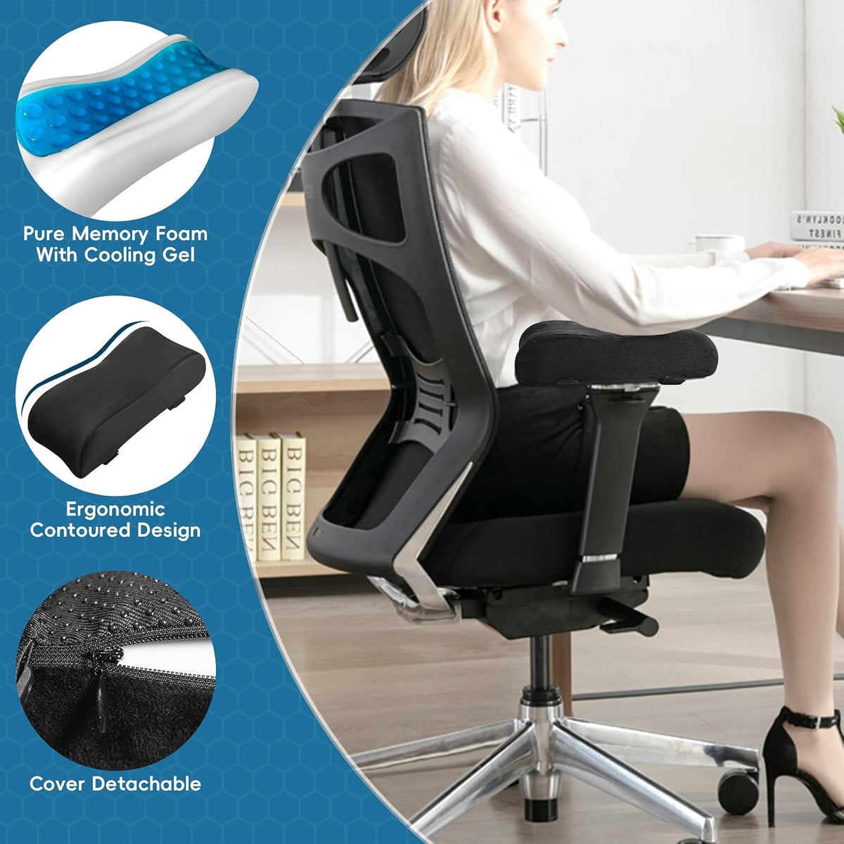Cooling Gel Armrest Pads,Thick Memory Foam Elbow Pillow for Desk & Gaming Chairs Ergonomic Forearm Support for Pressure Relief,Universal Adjustable Cushion for Work from Home (Set of 2) (Black)