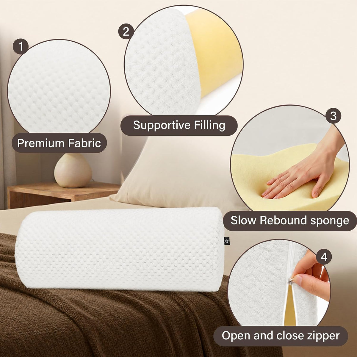 SPRING SEAON Half Moon Bolster Knee Pillow for Back Sleeping Memory Foam Leg Pillow for Ankle and Foot Comfort Under Knee Pillow for Side Sleepers Machine Washable Cover(17" x 7.5" x 4.3")