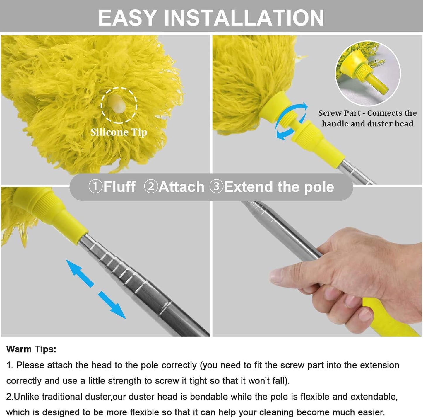 Cobweb Duster with Extension Pole 100 inches, Dusters for Cleaning with 2 Duster Heads, Washable Microfiber Feather Duster for Cleaning Ceiling Fan, High Ceiling, Blinds, Furniture & Cars