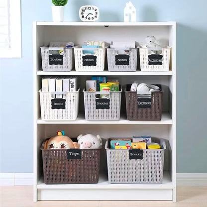 20 Basket Labels Clip On, Reusable Labels for Storage Bins, Removable Chalk Labels for Containers, Kitchen Closet Baskets and Storage Basket Holders with 2 White Chalk Markers