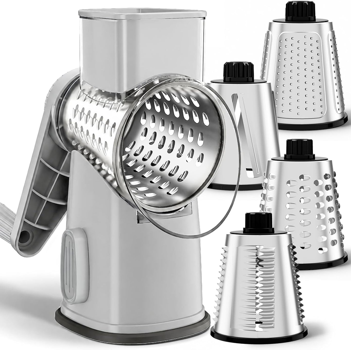 Weltonhm 4 in 1 Large Rotary Cheese Grater Hand Crank (black, 3 Graters) | Cheese Shredder Rotary and Slicer with 4 Stainless Steel Blades for Vegetables, Veggie and Cheese, Stronger Suction Base