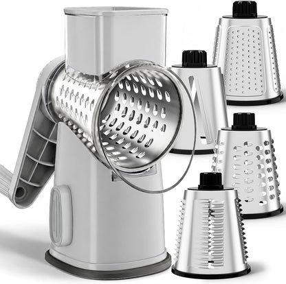 Weltonhm 4 in 1 Large Rotary Cheese Grater Hand Crank (black, 3 Graters) | Cheese Shredder Rotary and Slicer with 4 Stainless Steel Blades for Vegetables, Veggie and Cheese, Stronger Suction Base