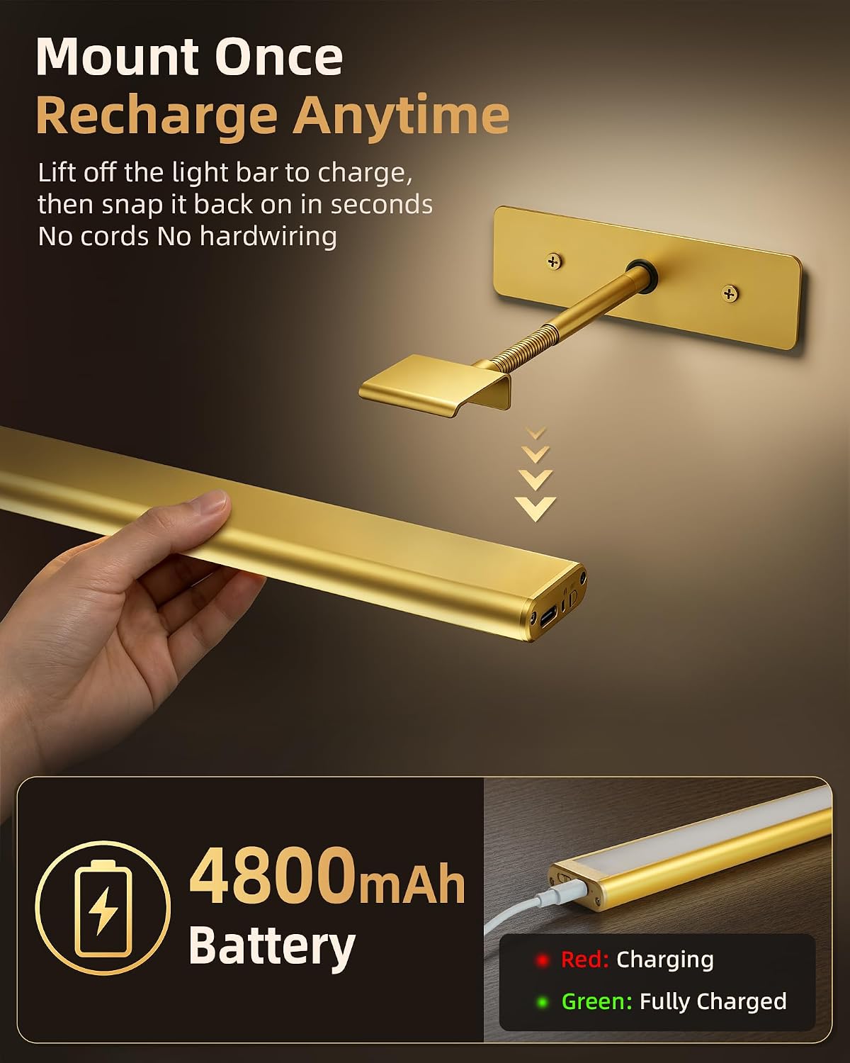 EZVALO Picture Light for Wall, 4800mAh Rechargeable Wireless Gold Light with IR Remote, Dimmable Magnetic LED Art Display Light with 3 Color Temperatures, for Gallery, Living Room, Bedroom(2Pack)