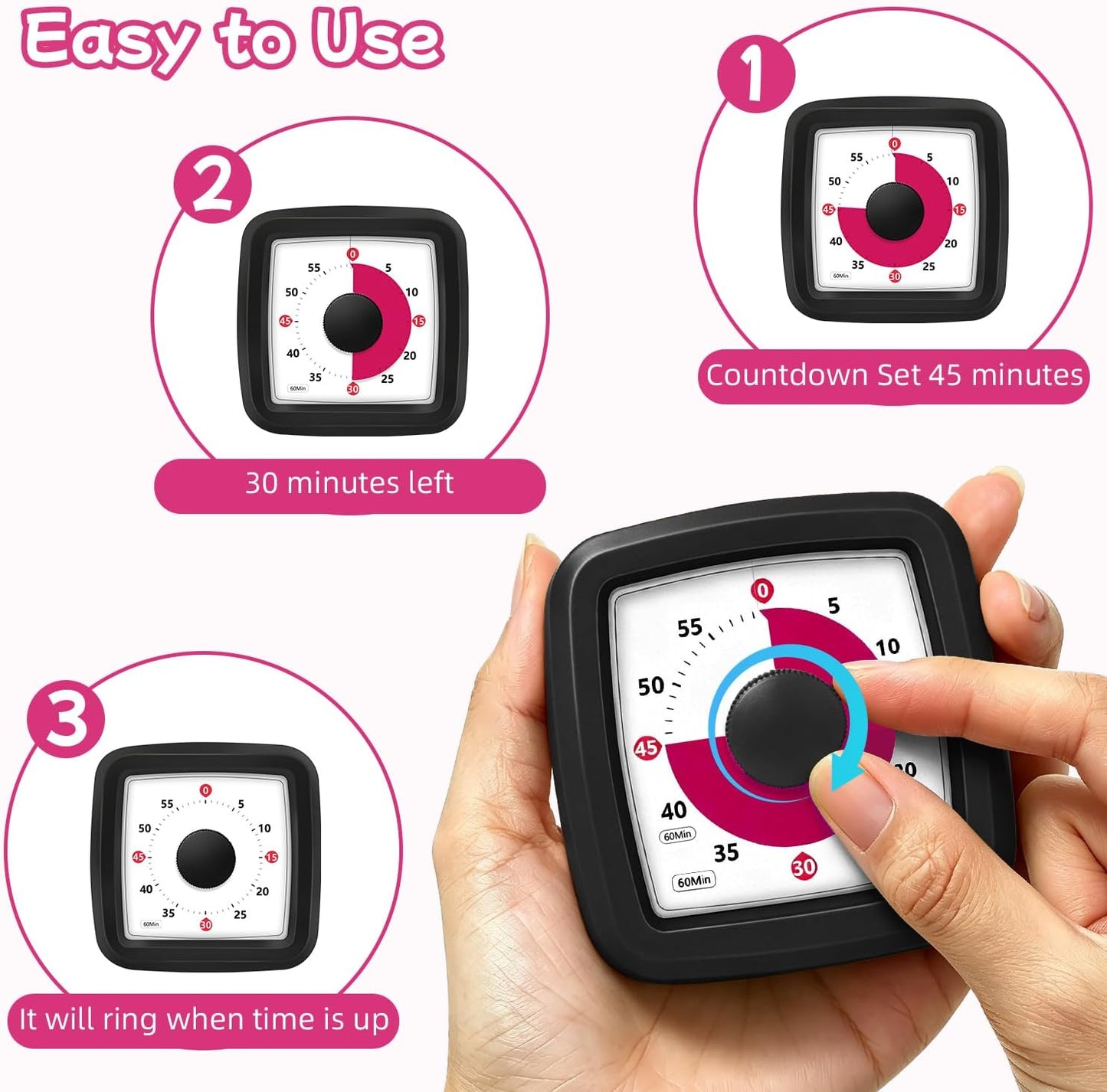 Visual Timer 60 Minute Timer Silent Countdown Clock – No Ticking, Gentle Ring with Mute Option, Timers for Kids Homework Classroom Management Kitchen Pasta, Adult Pomodoro & Deep Work, Purple