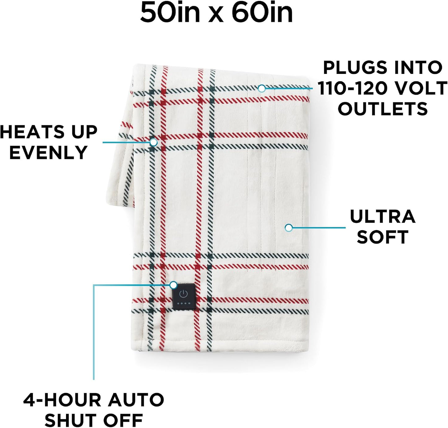 Brookstone Electric Heated Plush Throw - Heated Blankets - 4 Heat Settings, 4-Hour Auto Shut Off, 100% Polyester, 50"x60" - Blue Trellis