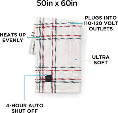 Brookstone Electric Heated Plush Throw - Heated Blankets - 4 Heat Settings, 4-Hour Auto Shut Off, 100% Polyester, 50"x60" - Blue Trellis