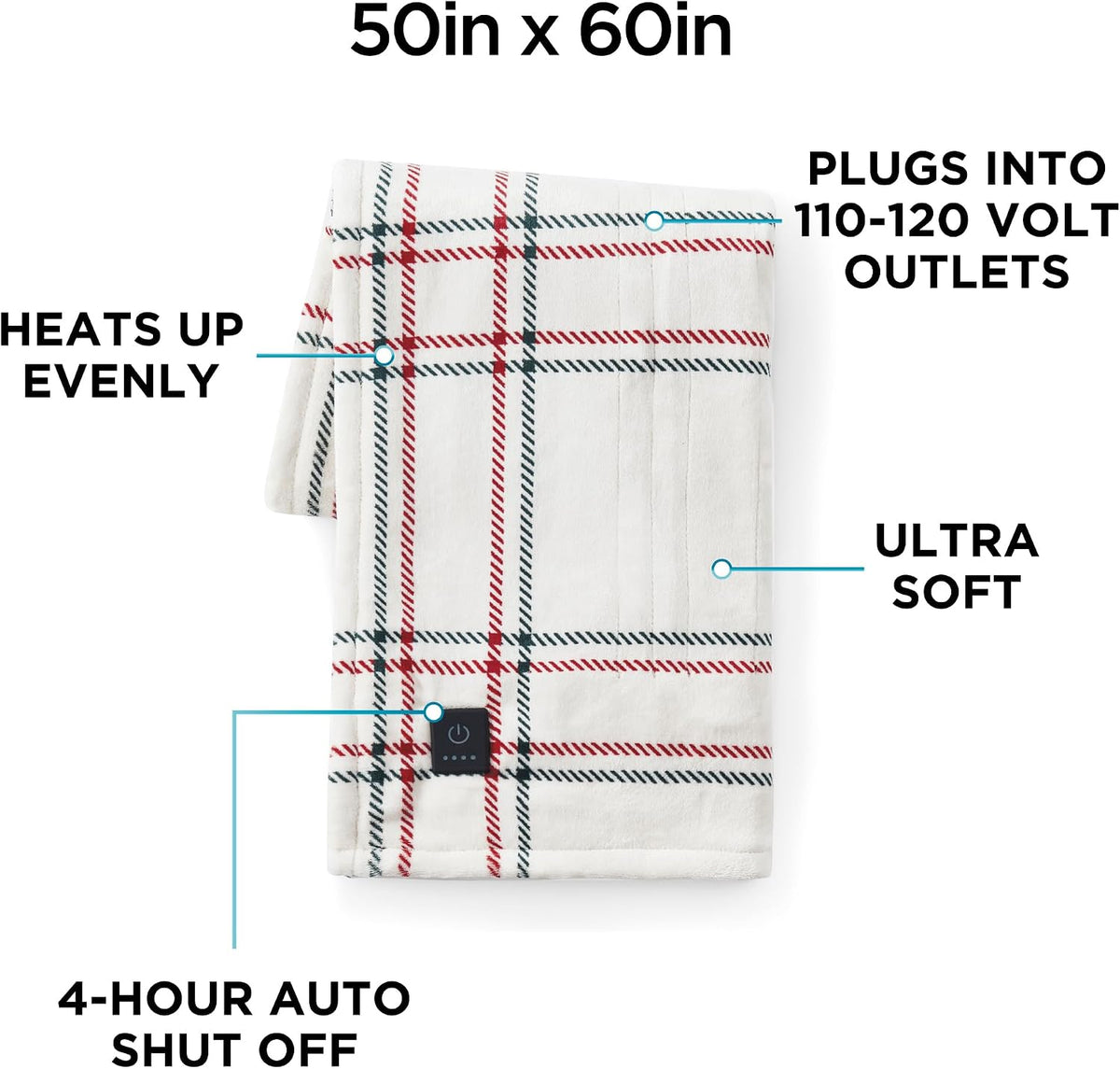 Brookstone Electric Heated Plush Throw Blanket, 50 x 60 in, Blue Trellis