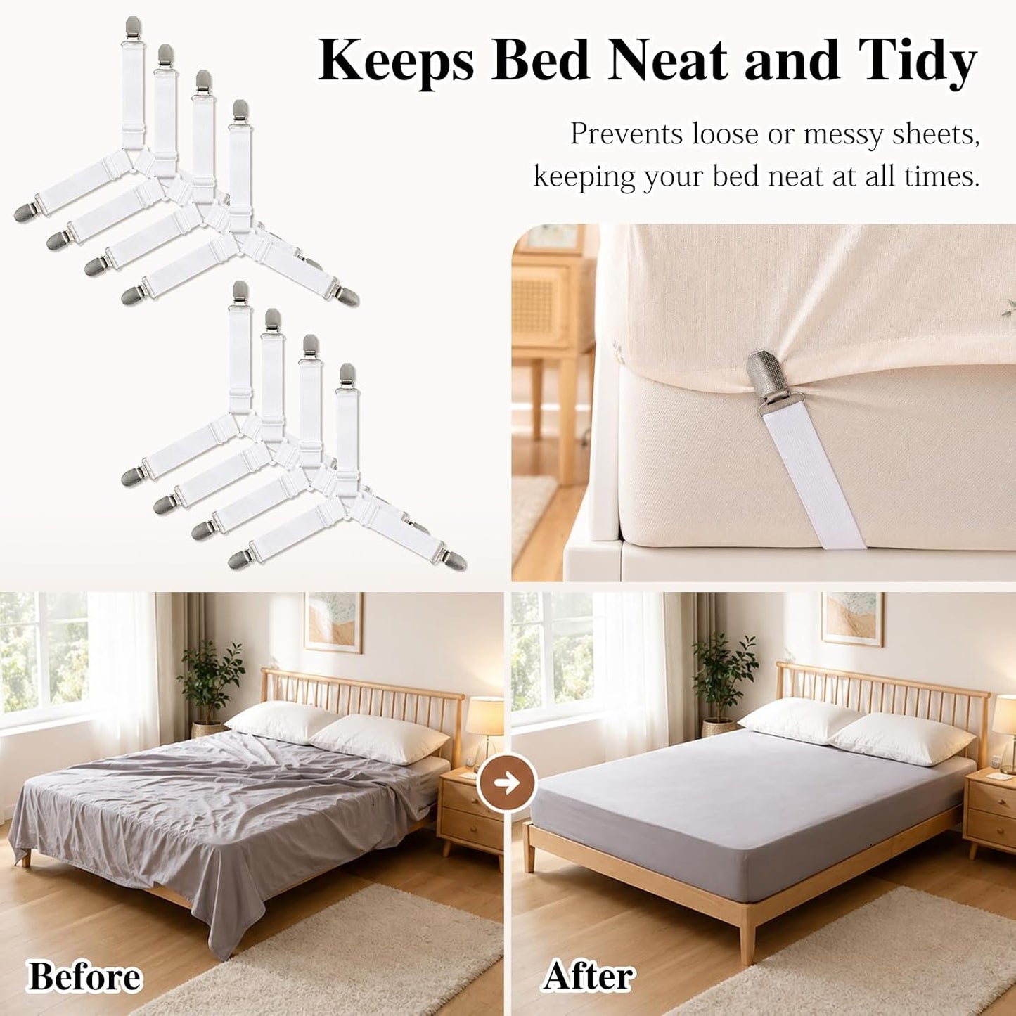 8-Pack White Bed Sheet Straps with Metal Clips, Adjustable Elastic Fitted Sheet Holders for Corners – Wrinkle-Free Bedding