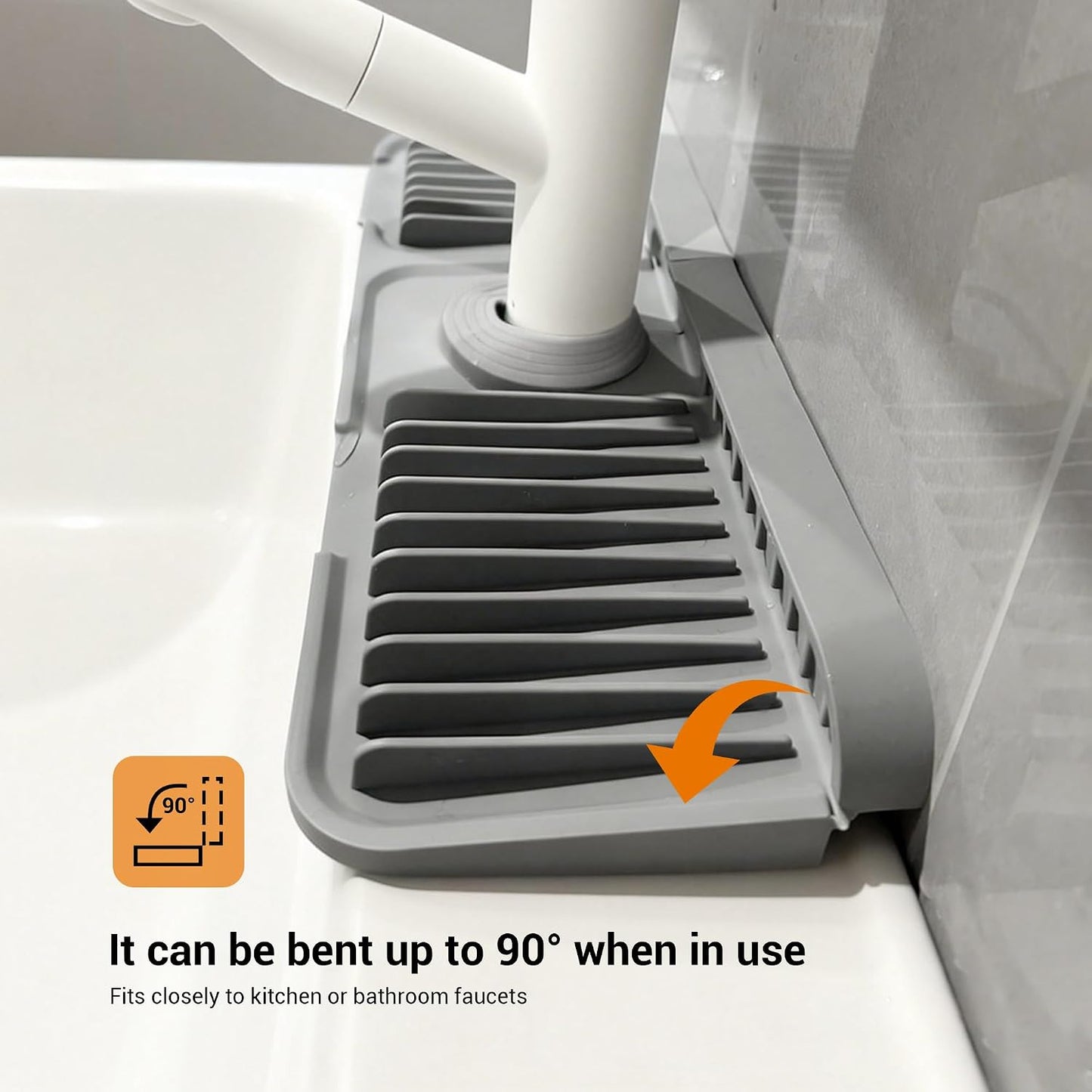 ZJWZLG Faucet Mat for Kitchen Sink, 14"X5.5" Silicone Sink Splash Guard , Snap-On Design & 7°slope Fast Drain, Folding Sink Faucet Mat for Universal Kitchen Bathroom Sink(Grey)