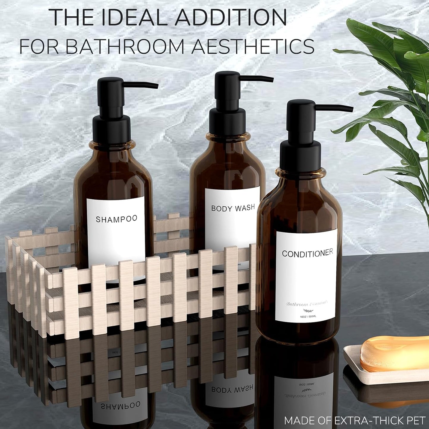 Modern Shampoo and Conditioner Dispenser - Shower Soap Dispenser Wall Mounted - 3-Pack 16 oz Plastic Amber Bottles with Black Pumps - Stylish Shampoo Dispenser, Shower Dispenser 3 Chamber No Drill