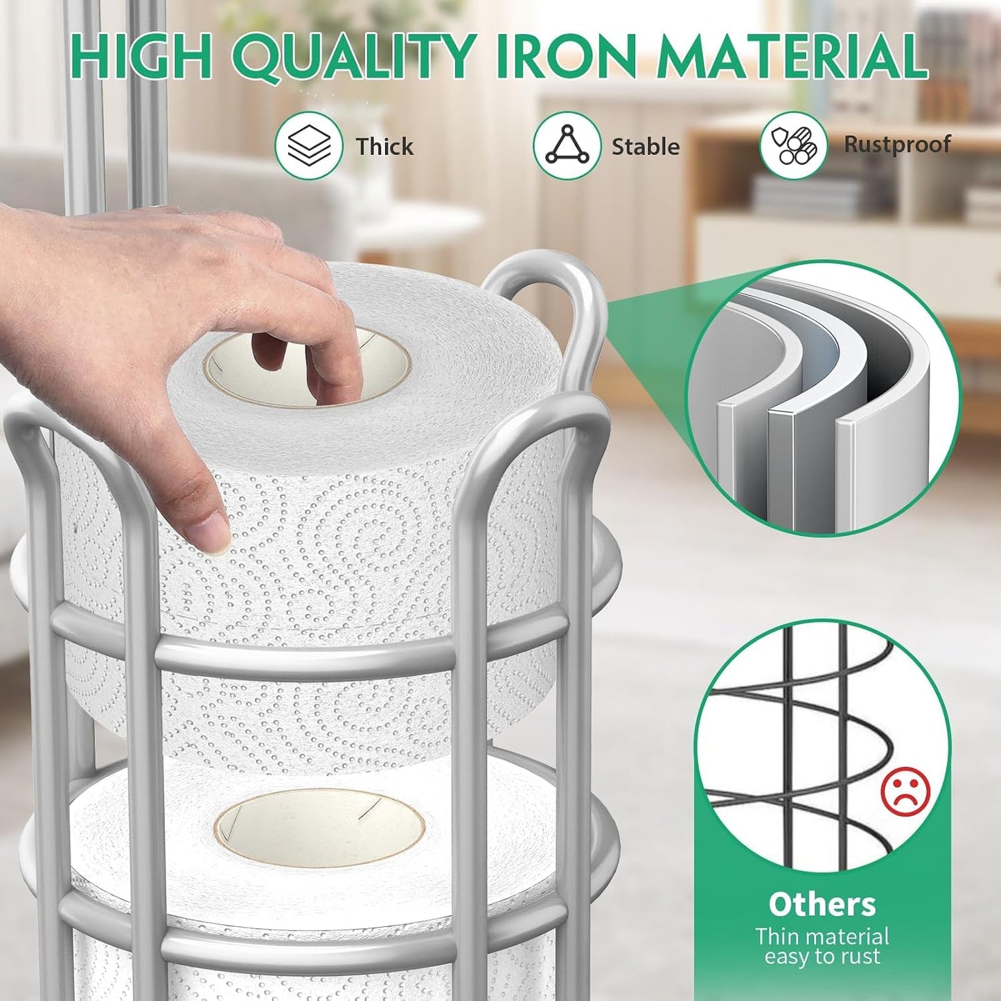 TomCare Toilet Paper Holder Free Standing with Shelf, Stable 4 Raised Feet | Stores 4 Mega Rolls, Tool-Free Assembly, Powder-Coated Metal Frame, Bathroom Storage Organizer for Spare Rolls, Silver