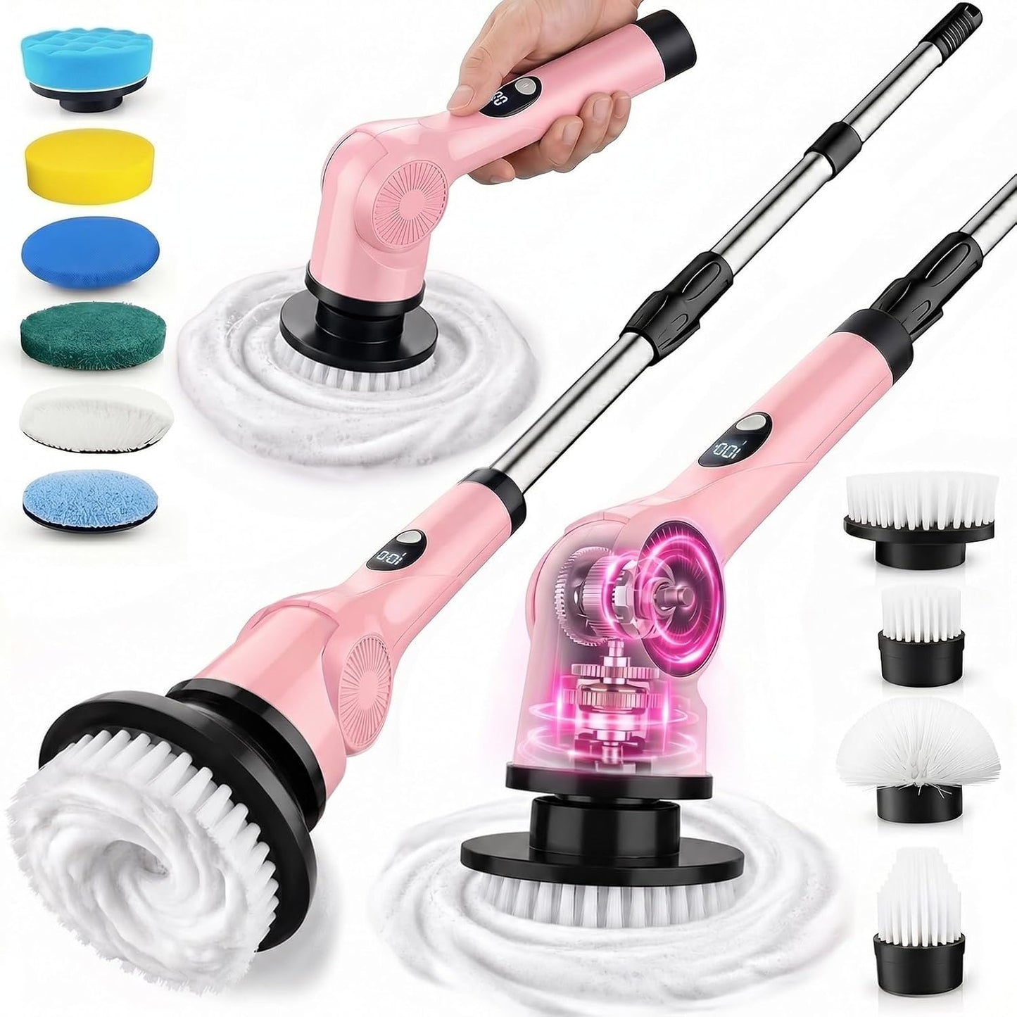 Electric Spin Scrubber, 3-Speed Shower Scrubber with Long Handle & 10 Replaceable Brush Heads, Cordless Full-Body IPX7 Waterproof Shower Cleaner Brush with 90 Mins Runtime for Bathroom
