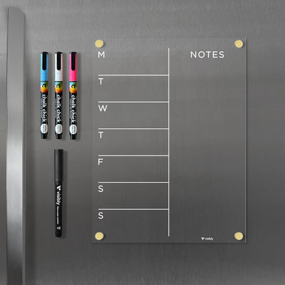 Magnetic Acrylic Weekly Planner for Fridge 9” x 12”, Clear Wet Erase Meal Planner & Notes Board, Refrigerator Organizer with 4 Magnetic Markers and Gold Corner Magnets