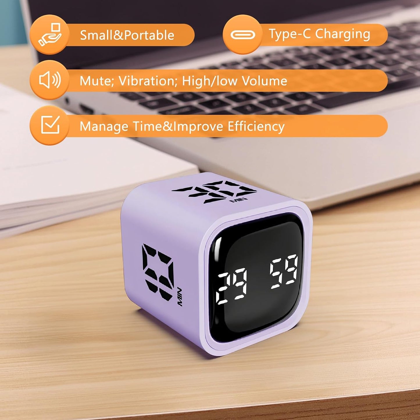 GuDoQi Multi-Function Cube Timer, 5/10/30/60 Min & Custom Count Down, Included Pause & Resume Feature, Silent, Vibrate & Adjustable Sound Alarm for Productivity in Tasks, Study & Kitchen, Purple
