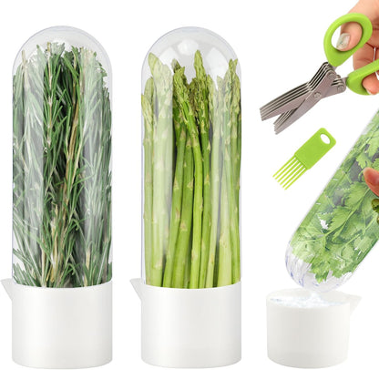2 Pack Herb Keeper for Refrigerator, Vertical Herb Keeper for Fridge with Scissors, Vegetable Preservation Container for Cilantro, Parsley, Mint&Asparagus, Extends Freshness for 2-3 Weeks