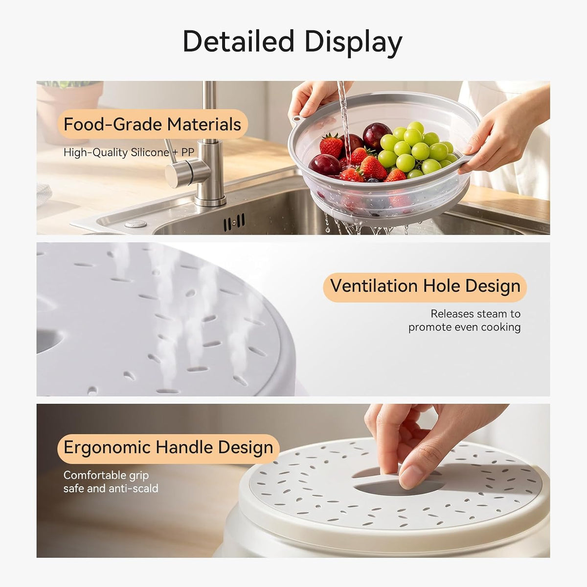 Microwave Splatter Cover for Food with Anti-scald Base Plate, Grey