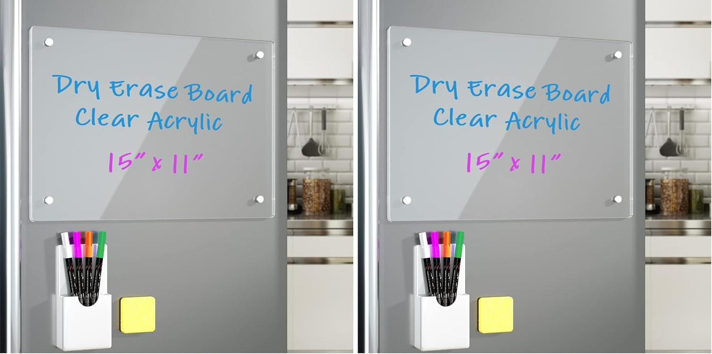 Acrylic Note Board Refrigerator Dry Erase Board Magnetic Clear 15”x11 Includes 4 Dry Erase Markers