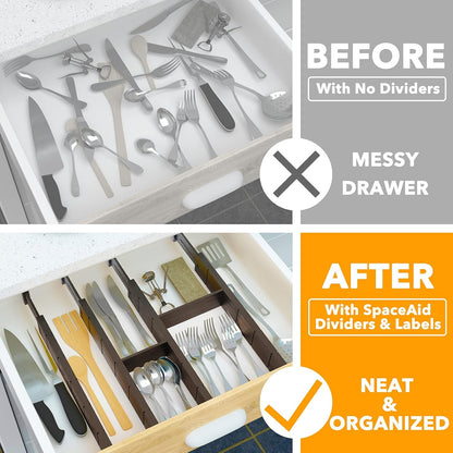 SpaceAid Bamboo Drawer Dividers with Inserts and Labels, Kitchen Adjustable Drawer Organizers, Expandable Organization for Home, Office, Dressers, 4 Dividers with 9 Inserts (17"-22" Natural)