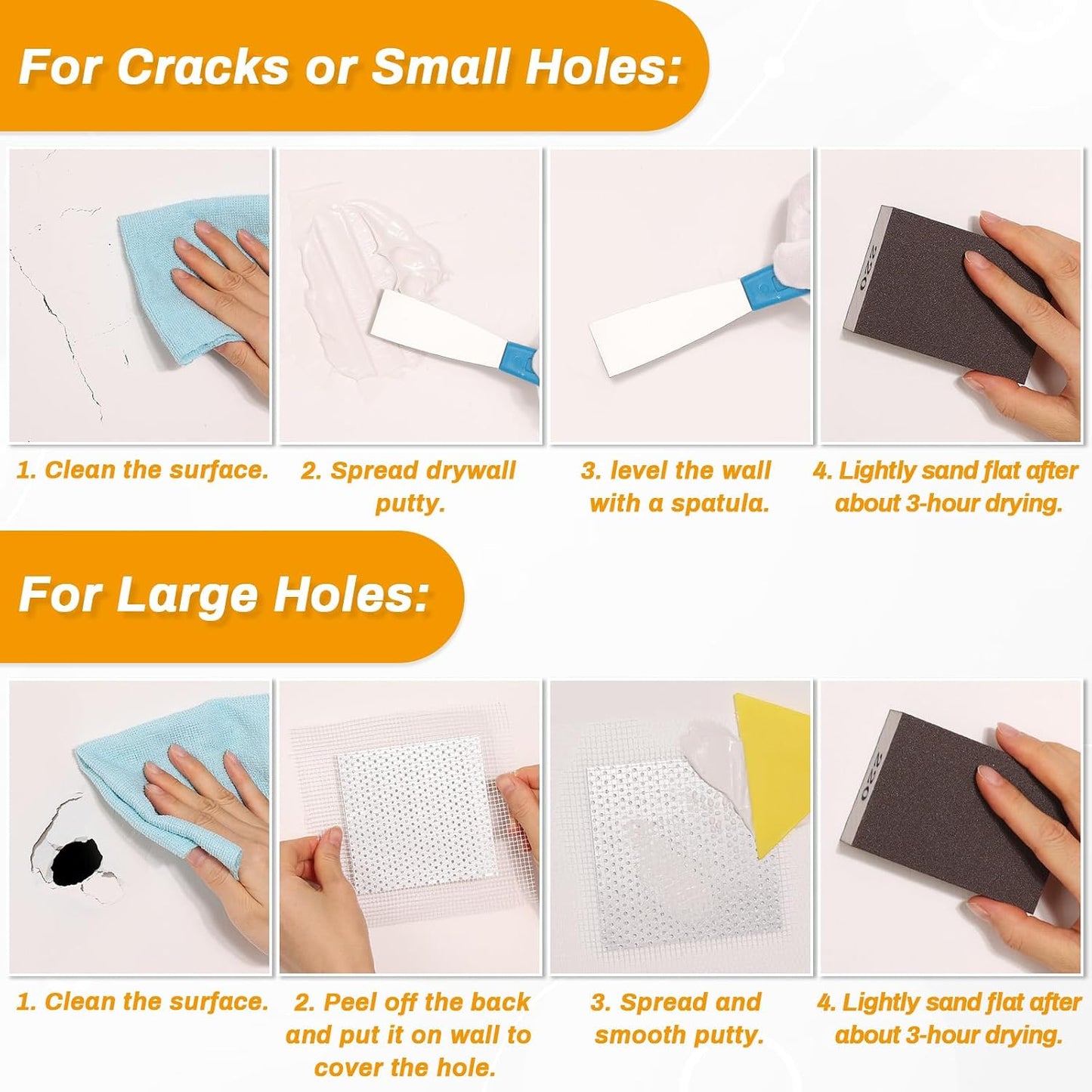 Drywall Repair Kit, Drywall Patch Repair Kit with 8.8OZ White Wall Repair Putty, Scraper Sandpapers Gloves for Heavy Duty Plaster Wall Repair, Easy to Fill Holes in Home Wall & Quick Repair Crack