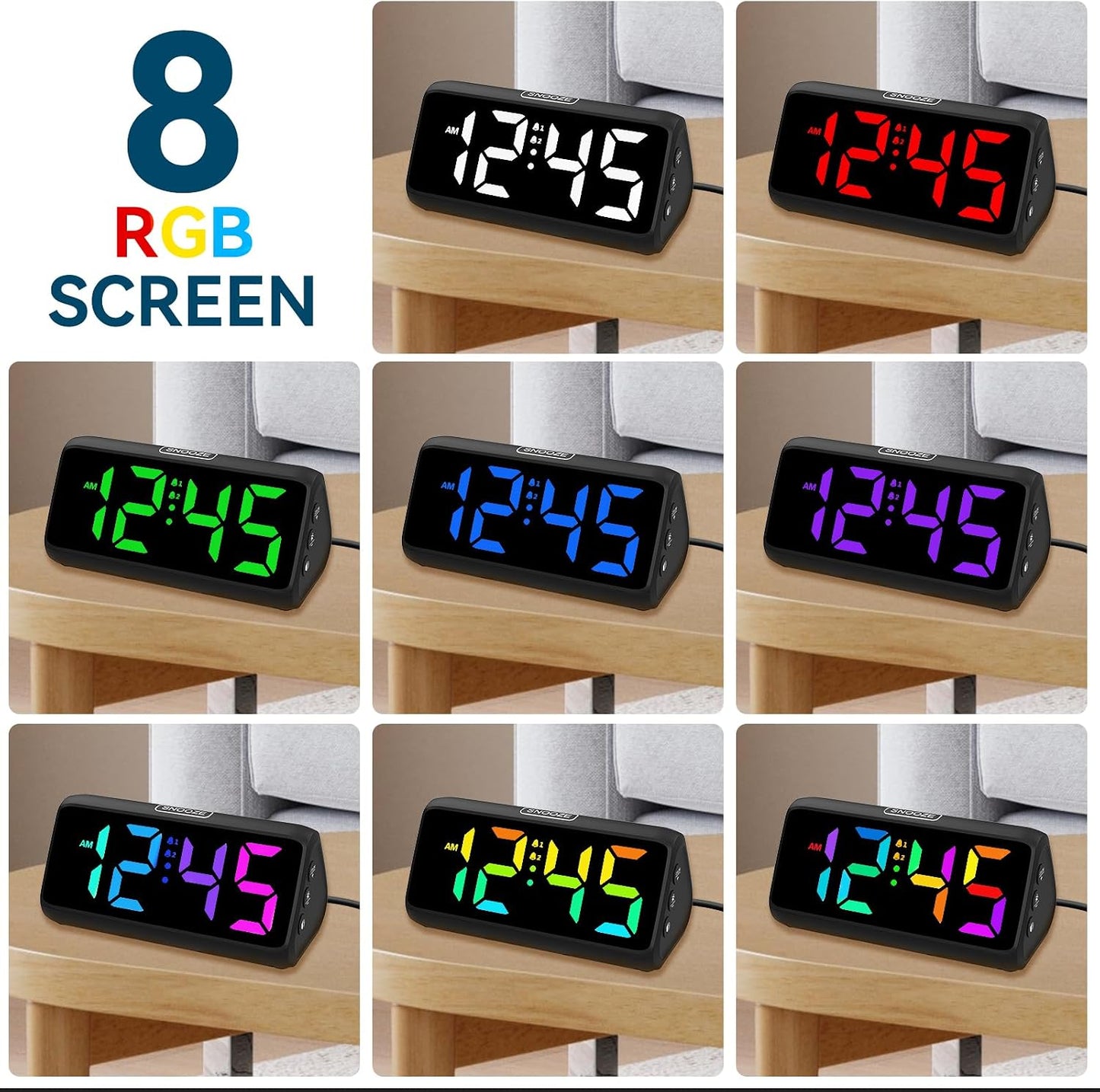 Netzu Loud Alarm Clock for Heavy Sleepers, Plug-in RGB Vibrating Alarm Clocks with Bed Shaker, 5 Dimmers, 2 Alarms and Snooze for Bedrooms Hearing Impaired Deaf Adults (Black)