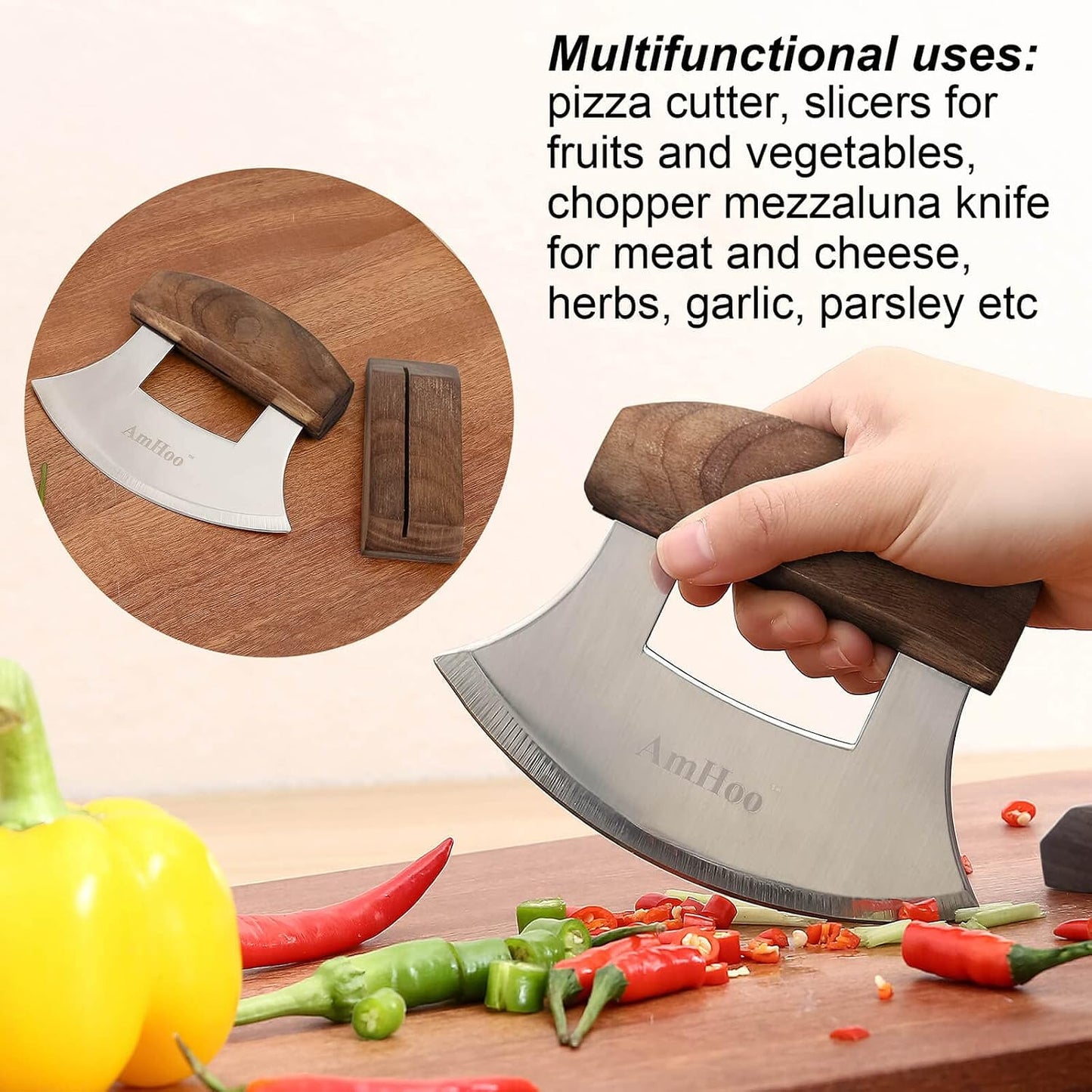 Pizza Cutter Chef Mezzaluna Ulu Knife Handle Color Wood Grip Sharp Rocker Slicer Stainless Steel Blade Salad Onion Vegetable Chopper with Holder Base Christmas Gifts