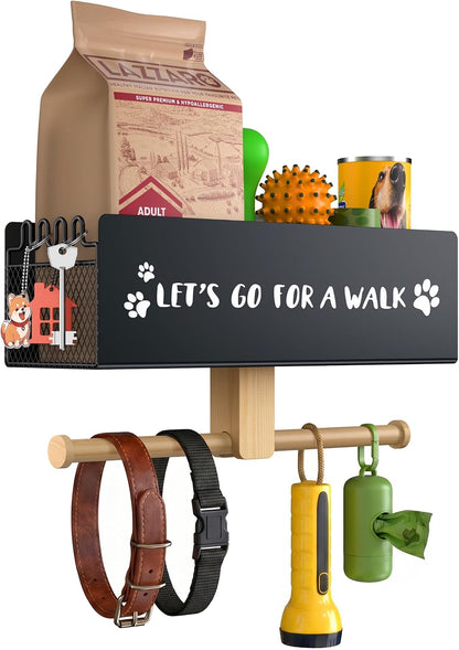 Dog Leash Holder for Wall with Basket, Key Holder, Entryway Pet Organizer | Holds 22 lbs for both dogs and cats homes. Stores leashes, collars, treats. Adhesive or screw mount fits rentals and homes