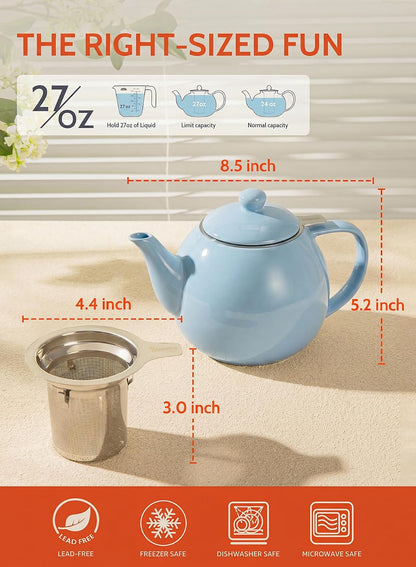 Sweese Teapots for Tea, 27 oz Porcelain Tea pot with Removable Stainless Steel Infuser, Tea Pots for Loose Tea - White