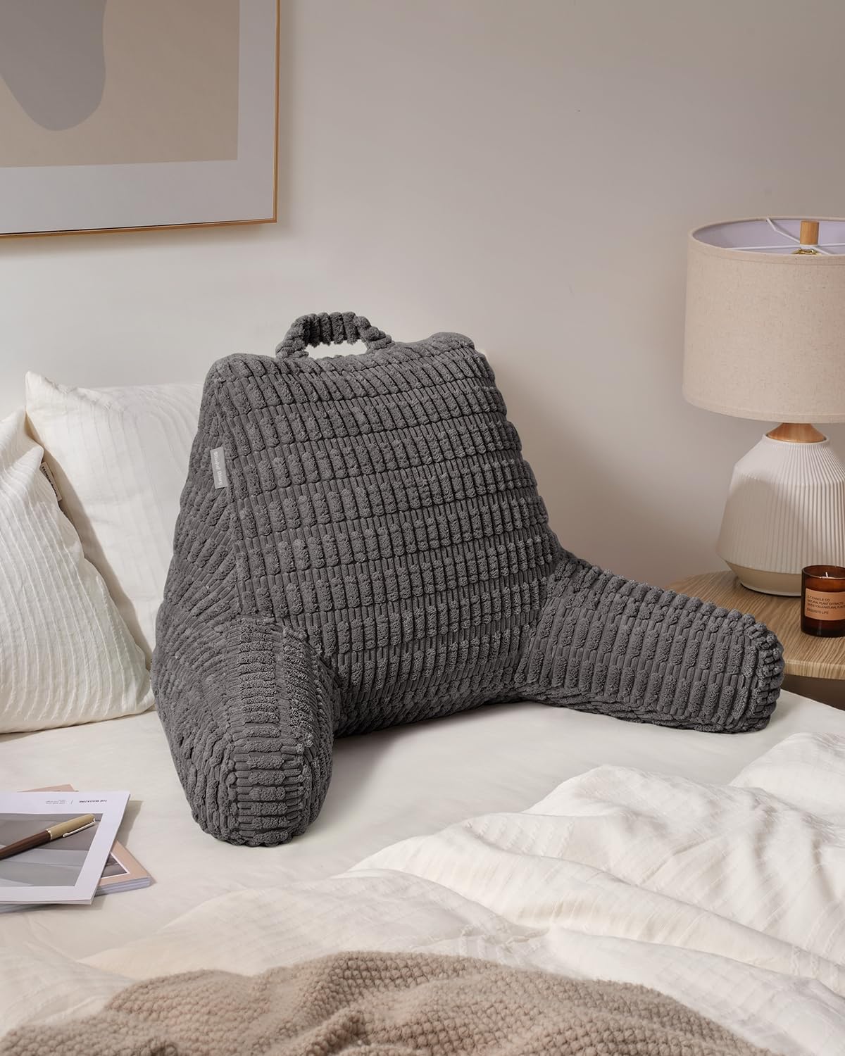 Blissful Diary Reading Pillow, Backrest Pillow with Shredded Memory Foam for Adult & Children, Designed for Bed and Couch Sitting Up, Includes Arms, Pockets and Washable Cover, Off White
